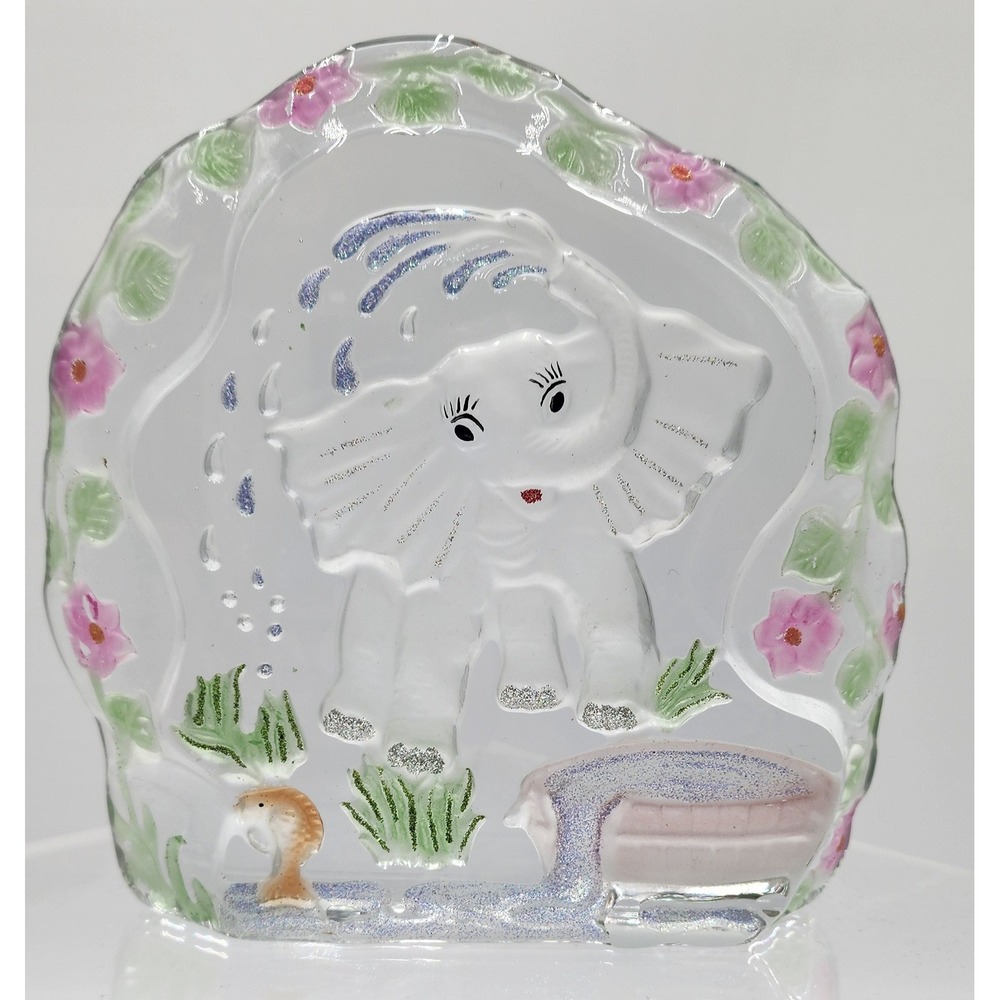 Cute Elephant Glass Art Figurine Clear Pink Floral Paperweight Baby Room Decor